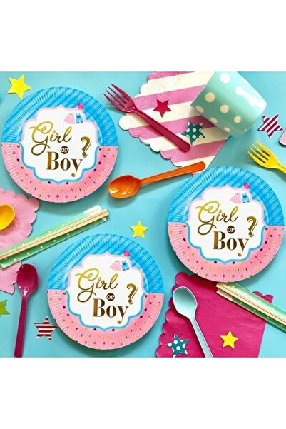 ANTBRO Farfurii de hârtie „Fată sau băiat?”, folie roz, 23 cm, set de 6, pentru petrecere baby shower