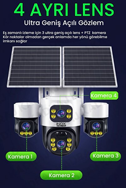 Kadraj 4 Kameralı INOX modeli , 4G + e-Sim, 2 Solar Panelli, Uzaktan izleme , Hareket Takip , Alarm , Sesli