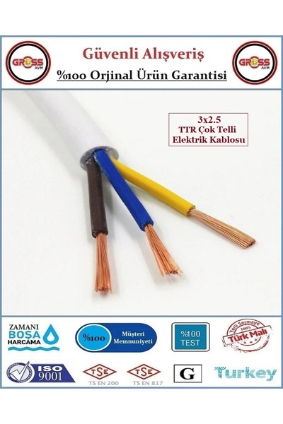 GrossAVM 3x2.5 Ttr Elektrik Kablosu - Uzatma Ara Kablo - 4 Metre