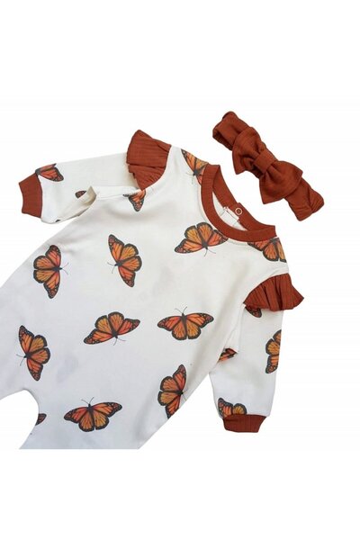 Miniworld Salopeta bebe fetite cu bentita din bumbac, Fluturasi, varsta 6-9 luni, 74 cm, Alb