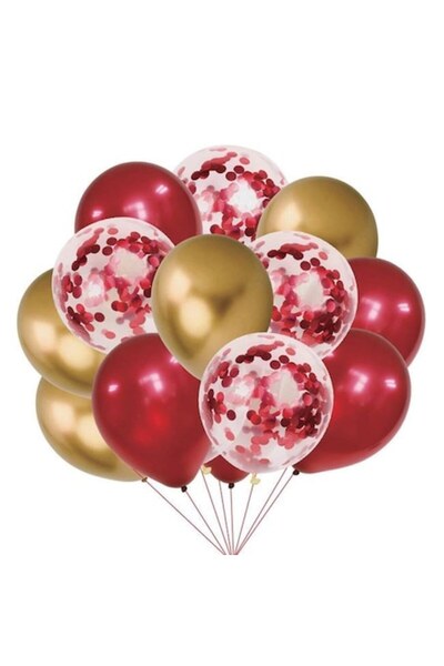 ANTBRO Set 12 baloane petrecere Antbro® roșii/aurii, metalice, transparente cu confetti și panglică de 10 m, 30 cm