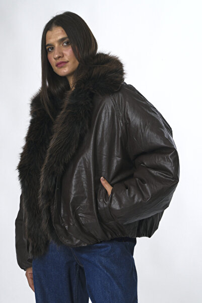 ABBRA Kadın Suni Deri Seyyar Vegan Kürklü Şişme Mont