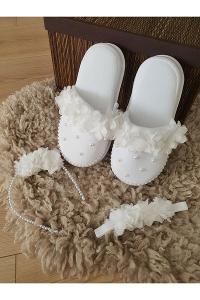 Fiyonks Atölye Maternity Slippers, Crown and Baby Bandana Set, Mother Maternity Slippers Set with Pearl Model
