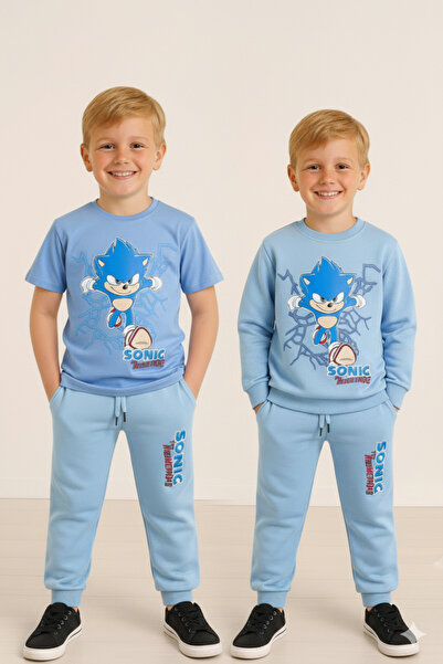 LİTTLE TORTOİSE Boy's Sonic Printed Long Sleeve 3 Thread Winter Sweat / Tracksuit Set and T-Shirt 3-Piece Combination