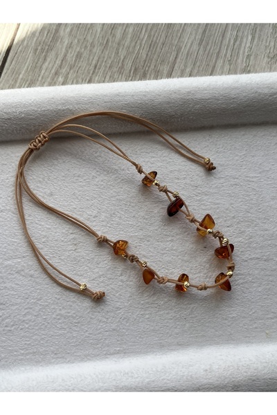 Pel Design Kan Kehribarı İp Bej Bileklik & Halhal El Yapımı