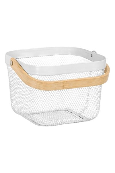 ANTBRO ® Metal Storage Basket, Square, Perforated, Ecru Color, Wooden Handle, 24.5x24.5x18 cm
