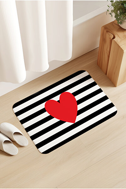 Homiko Striped Heart Patterned Door - Bathroom Front Mat 60X80Cm