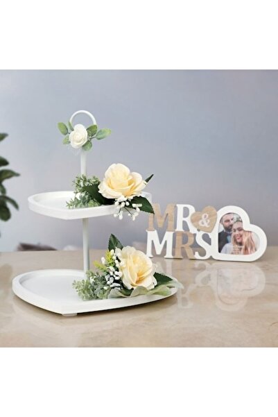 ANTBRO Suport pentru tort cu două niveluri, în formă de inimă, din lemn, „Mr & Mrs” - Alb