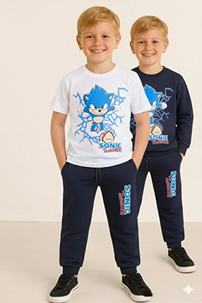 LİTTLE TORTOİSE طقم رياضي شتوي للأولاد بأكمام طويلة مطبوعة بتصميم سونيك مكون من 3 قطع وتي شيرت