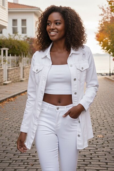 Azıcık Akıllı Kadın Beyaz Boyfriend Denim Oversize Taşlamalı Kot Ceket Uzun K...