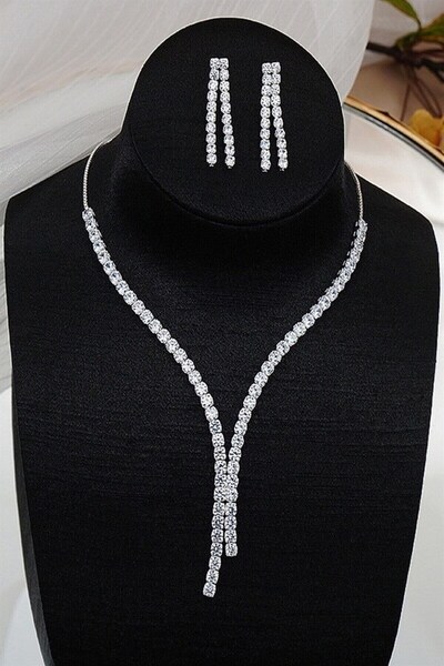 BİJUTERRİ Su Yolu Kolye Ve Küpe Set Gerdanlık Gümüş Taşlı Kolye Küpe Set Kadın Takı Aksesuar