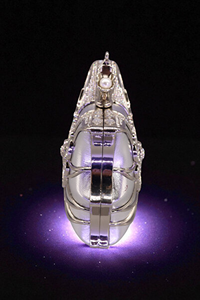 HFKY Women's Butterfly Detailed Silver Evening Dress Bag. Stone Embroidered Clutch Bag. Evening Bag.