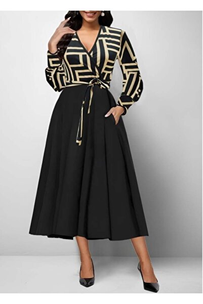 BÜŞRA TEZEL MODA Women's Long Sleeve Double Breasted Collar Plunging Crepe Midi Dress