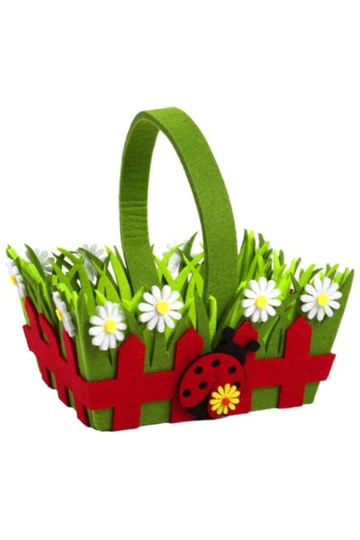 Actual Investing Coș decorativ de Paște cu iarbă, flori și buburuză, 18x8 cm, multicolor