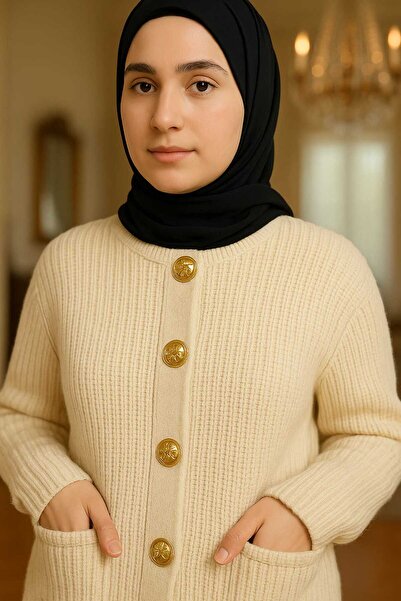 KLASS LİFE kadın selanik örme detaylı gold düğmeli standart triko yelek