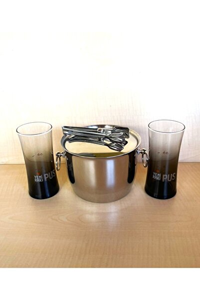 SANAT TACİRİ 2 ADET PUS RAKI BARDAĞI 1 ADET ÇELİK BUZ KOVASI ÇİF KATMANLI MAŞ...