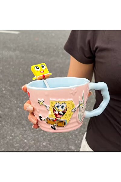 hediyeconcepti 500ml Yeni Disney Sünger Bob Seramik Kapaklı Fincan Yaratıcı Karikatür Ev Çift Kupa Kahve Fincanı