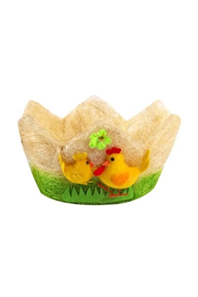 Topi Coș decorativ de Paște cu design de cuib de pasăre, figurină găină și cocoș, diametru 19,5 cm, multicolor