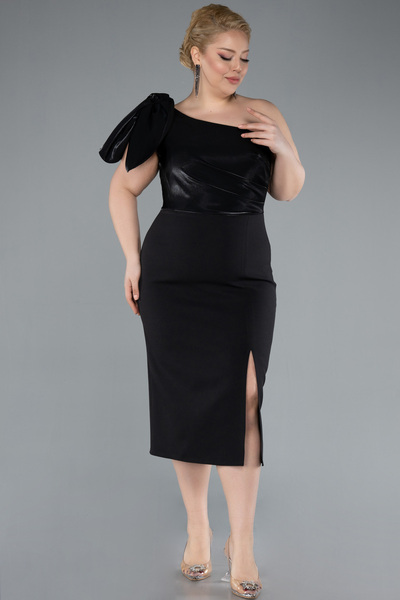 Abiyefon Siyah Tek Omuz Midi Büyük Beden Davet Elbisesi ABK2319