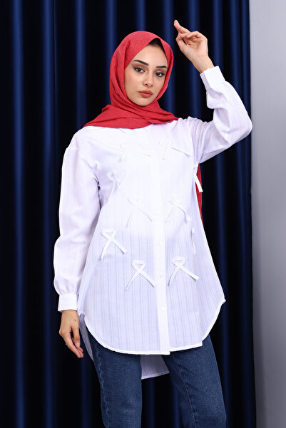 İmajButik Λευκό τουνίκ με φιόγκο στο μπροστινό μέρος