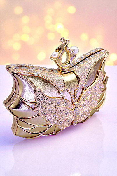 HFKY Kadın Kelebek Detaylı Bronz Abiye Çanta. Taş İşlemeli Clutch Çanta. Gece Çantası.