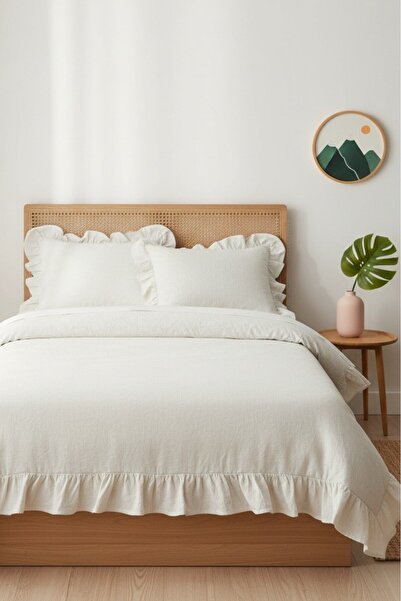 GÖRMEZ TEKSTİL Single Duvet Cover Set Ruffled Organic Cotton / Natural Beige