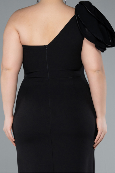 Abiyefon Siyah Tek Omuz Midi Büyük Beden Davet Elbisesi ABK2319