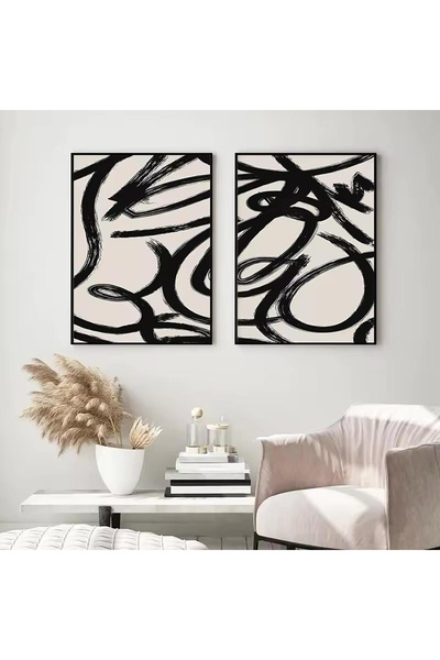 Linacci Set of 2 Black Metal Frame Modern Style Real Glass Painting Set