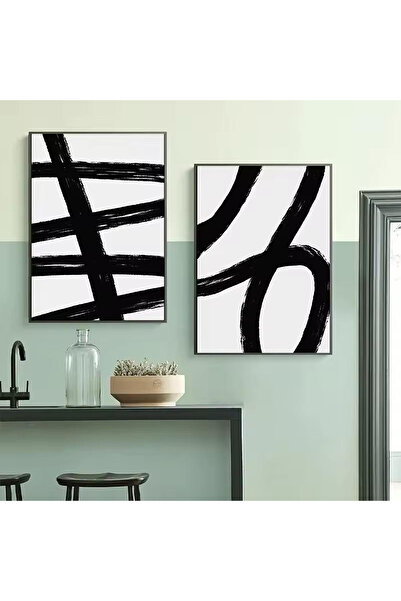 Linacci Set of 2 Black Metal Framed White Artistic Real Glass Paintings