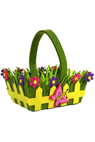 Actual Investing Coș decorativ de Paște cu iarbă, flori și fluturi, 18x8 cm, ...