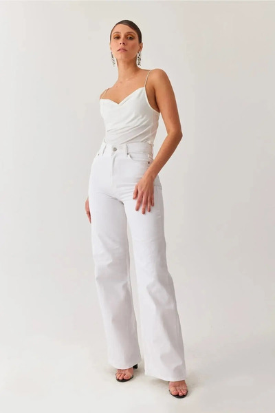 kleshus Λευκό φαρδύ γυναικείο τζιν Lycra Loose Palazzo Jeans Παντελόνι-2