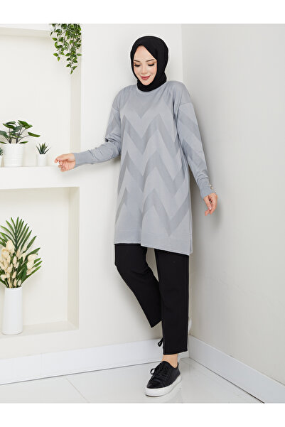 KMKkombin Women's Terry Fabric Sleeve Button Detail Self-Patterned Circular Neck Tunic