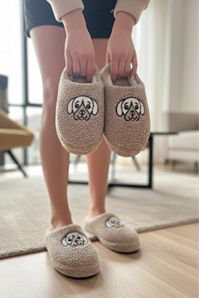 Oksit Ft 102 Dog Embroidered Women's House Slippers Plush Slippers Dowry and Bundle Slippers Do Not Make Noise Thick Sole