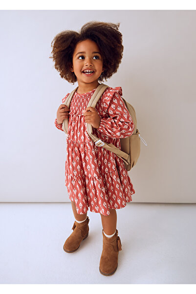 MAYORAL Girl's Red Patterned Dress (4-10 Years) – Long Sleeve, Crew Neck, Cotton Lining