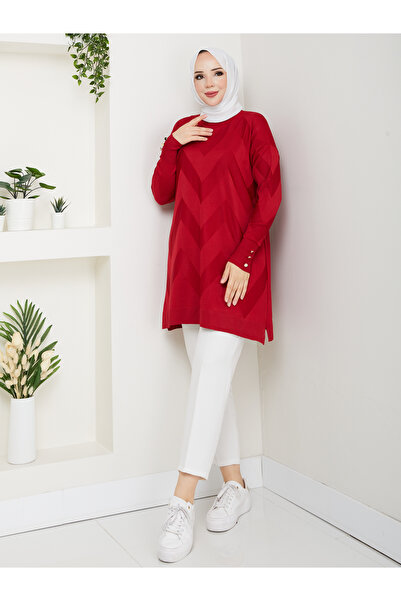 KMKkombin Women's Terry Fabric Sleeve Button Detail Self-Patterned Circular Neck Tunic