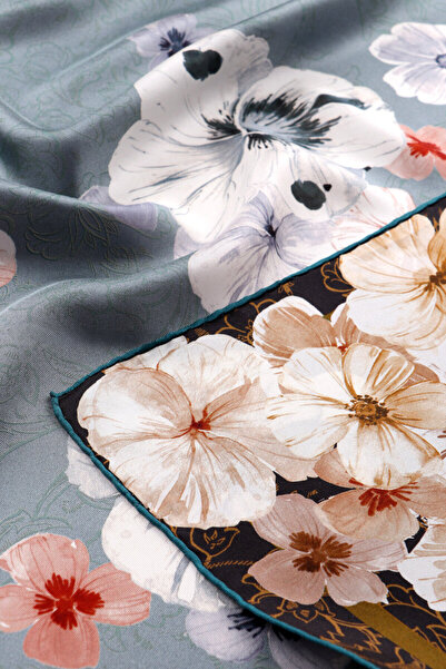 Bursa İpek Μεταξωτό μαντήλι διπλής όψης με μοτίβο Dusty Blue Poppy