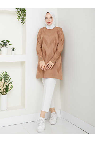 KMKkombin KADIN TİRİKO KOL DÜĞME DETAYLI KENDİNDEN DESENLİ BİSİKLET YAKA TUNİK