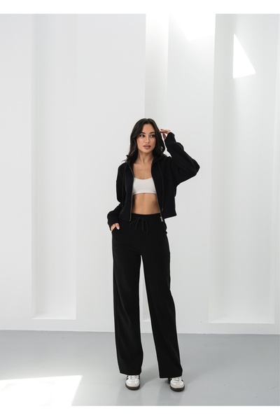 veres Liva Siyah Kapüşonlu Hırka ve Eşofman Kalın Alt-Üst Takım