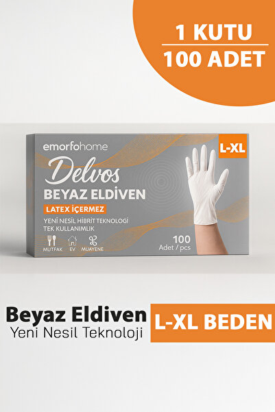 EMORFOHOME Tek Kullanımlık Delvos Pudrasız Beyaz L-XL Beden Eldiven 100’lü Muayene Eldiveni Latex İçermez