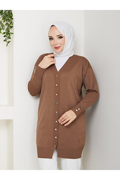 KMKkombin Women's Buttoned Sleeve-Ended Ribbed Knit Cardigan