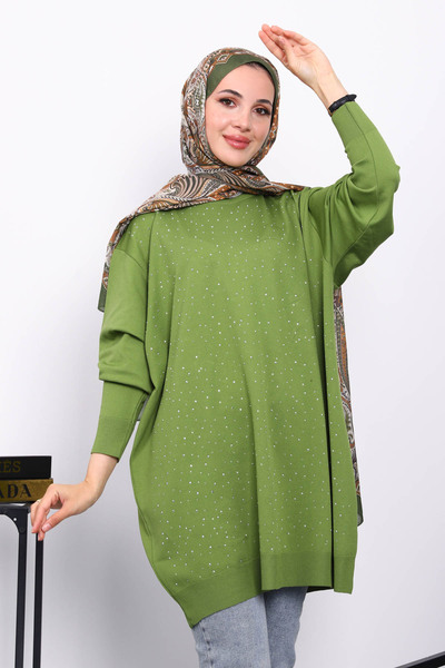 İmajButik Πράσινο τουνίκ με κέντημα με πέτρα με λαιμόκοψη
