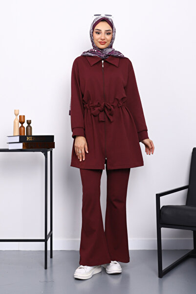 İmajButik طقم بنطلون تونيك مودال بحزام خصر باللون العنابي