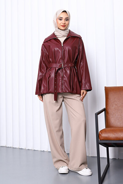 İmajButik Δερμάτινο μπουφάν με ζώνη από δαμάσκηνο