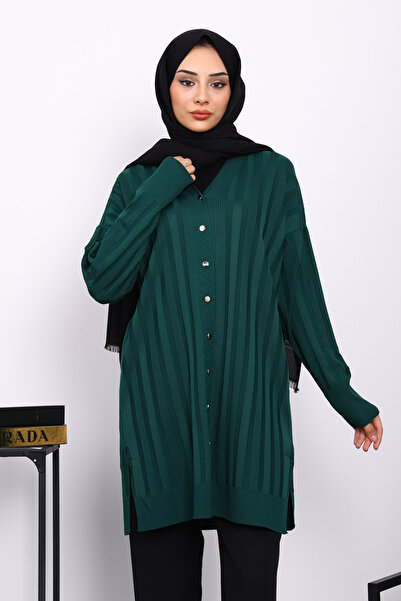 İmajButik Σμαραγδένια πράσινη ζακέτα με κουμπιά από κρύο νήμα