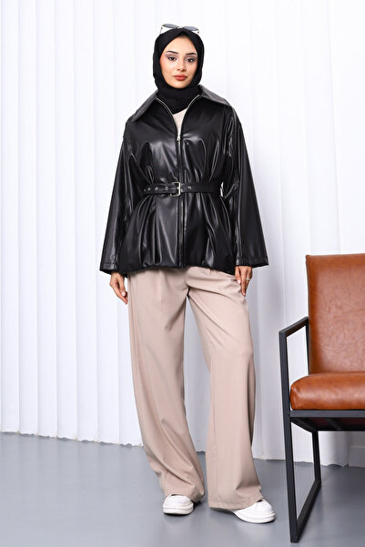 İmajButik Μαύρο δερμάτινο μπουφάν με ζώνη