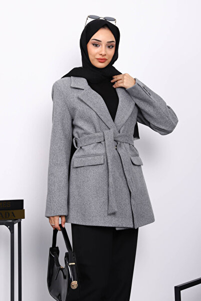 İmajButik Gray Belted Lined Short Cashmere Coat
