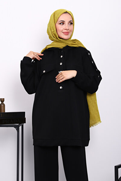 İmajButik Μαύρο Σετ Παντελόνι Τουνίκ με Λεπτομέρεια Κουμπώματος