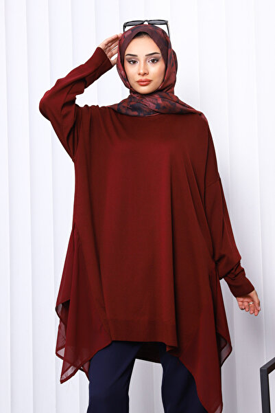 İmajButik Burgundy Crew Neck Tulle Detailed Tunic