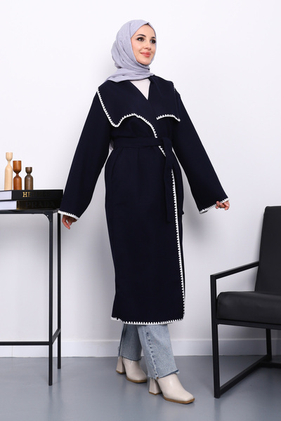 İmajButik Μπλε ναυτικό παλτό με ραμμένο σάλι με γιακά και κασετίνα