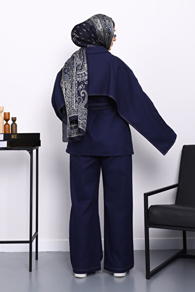 İmajButik Синій габардиновий піджак на блискавці з брюками